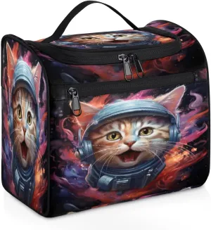 Astronaut Cat Women's Toiletry Bag Waterproof Cosmetic Bag Cute Cat Print Travel Cosmetic Bag Multi-functional Organizer with Hooks Suitable for Full-size Toiletries and Cosmetics