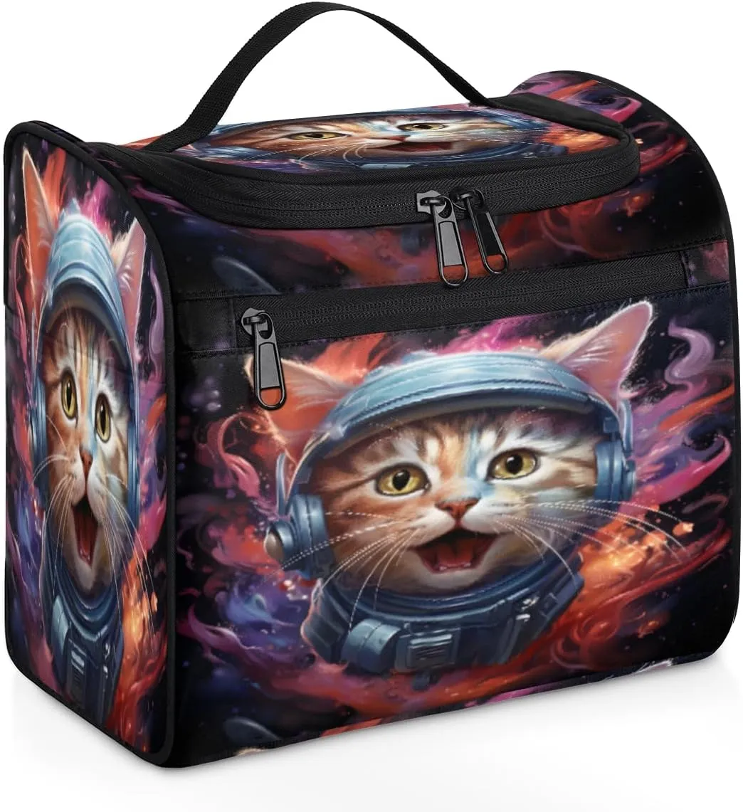 Astronaut Cat Women's Toiletry Bag Waterproof Cosmetic Bag Cute Cat Print Travel Cosmetic Bag Multi-functional Organizer with Hooks Suitable for Full-size Toiletries and Cosmetics