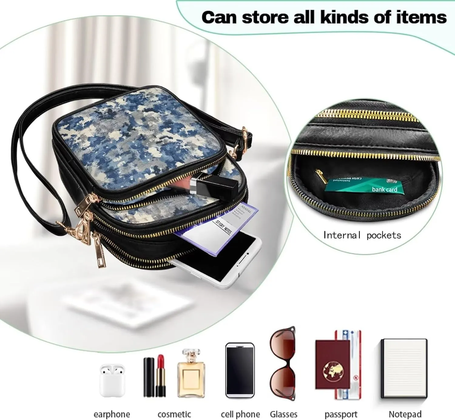 Attractive Print Womens Crossbody Bag with Strap Pockets Zipper for Travel Everyday Use