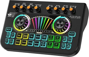 Audio Mixer, Sound Board for Pc/Phone Live Streaming Gaming, Audio Interface for 3.5mm/6.35mm Dynamic Microphone, Live Sound Card with Voice Changer, Denoise, Lead Singing Podcast Mixer