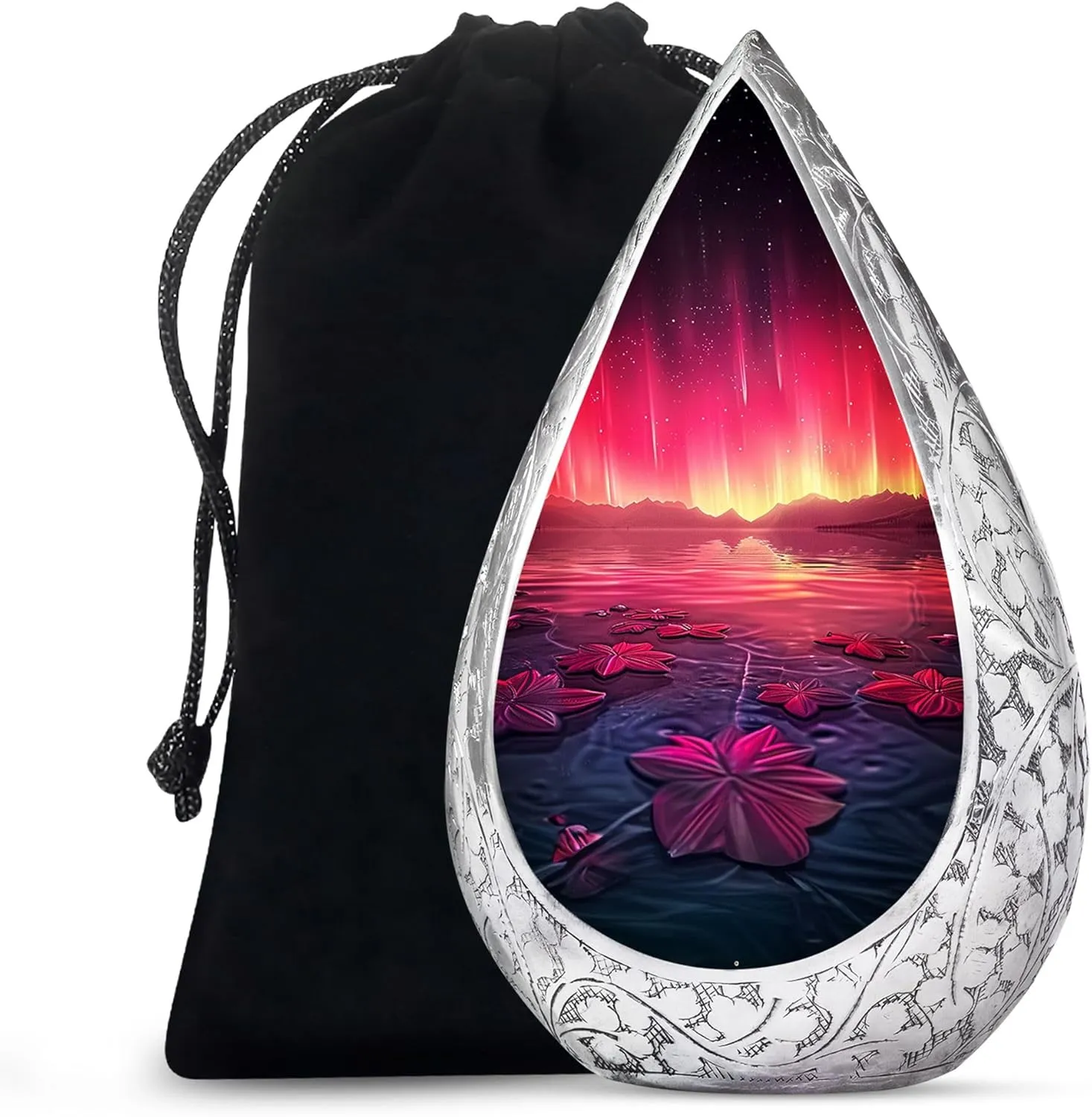 Aurora Borealis Burial Urns for Cremated Remains - River Cremation Urns for Adult Ashes Women and Men 10 Inch - Flowers Funeral Urn for Dad and Mom - Drop Large Urn with Velvet Bag