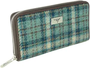 Authentic Harris Tweed Long Zip Purse – Women Coins Purse Wallet Girls Sequin Long Zip Purse – LB2100, Blue With Duck Egg and Cream Check, One Size, Harris Tweed Long Zip Purse