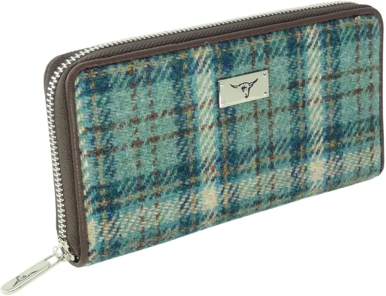 Authentic Harris Tweed Long Zip Purse – Women Coins Purse Wallet Girls Sequin Long Zip Purse – LB2100, Blue With Duck Egg and Cream Check, One Size, Harris Tweed Long Zip Purse