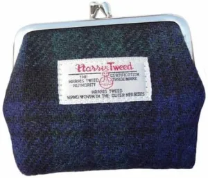 Authentic Harris Tweed Small Clasp Purse - Handcrafted in Scotland - Ladies Gift - Tartan Style & Quality - Compact & Elegant (Blue and Dark Blue Check)