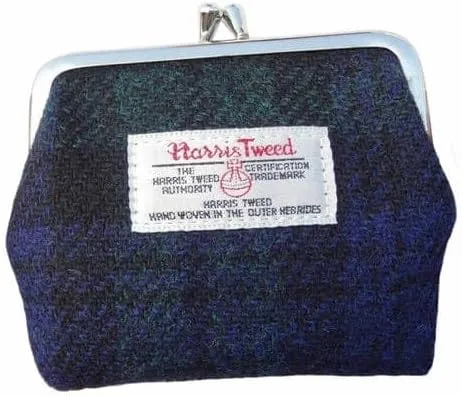 Authentic Harris Tweed Small Clasp Purse - Handcrafted in Scotland - Ladies Gift - Tartan Style & Quality - Compact & Elegant (Blue and Dark Blue Check)