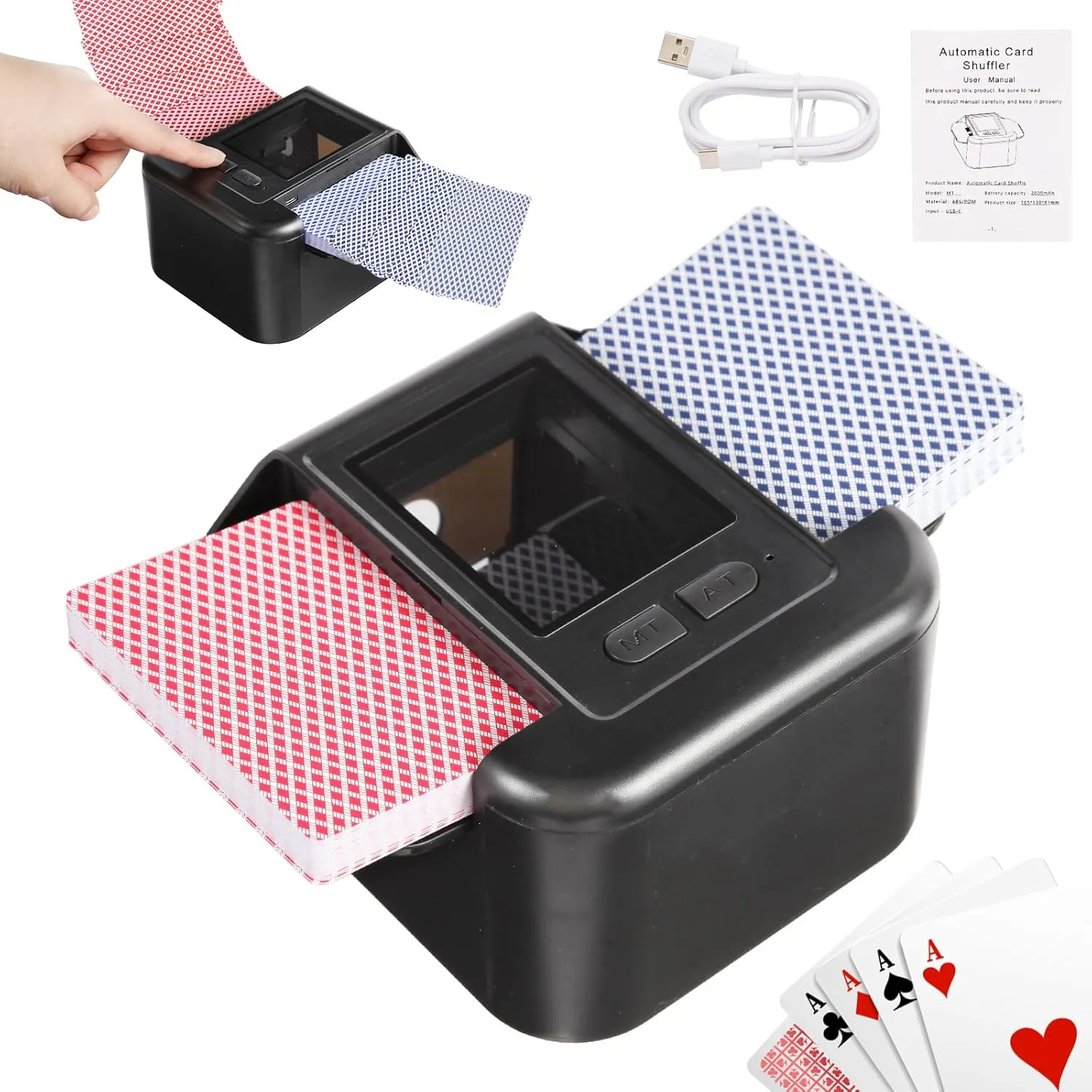 Automatic card shuffler 1-2 Deck, 2000 mAH USB-C Rechargeable electronic card shuffler, Quiet Card shuffler for UNO Poker Blackjack Skip-Bo Canasta Game Card, One-Press AUTO and Manual (Black)