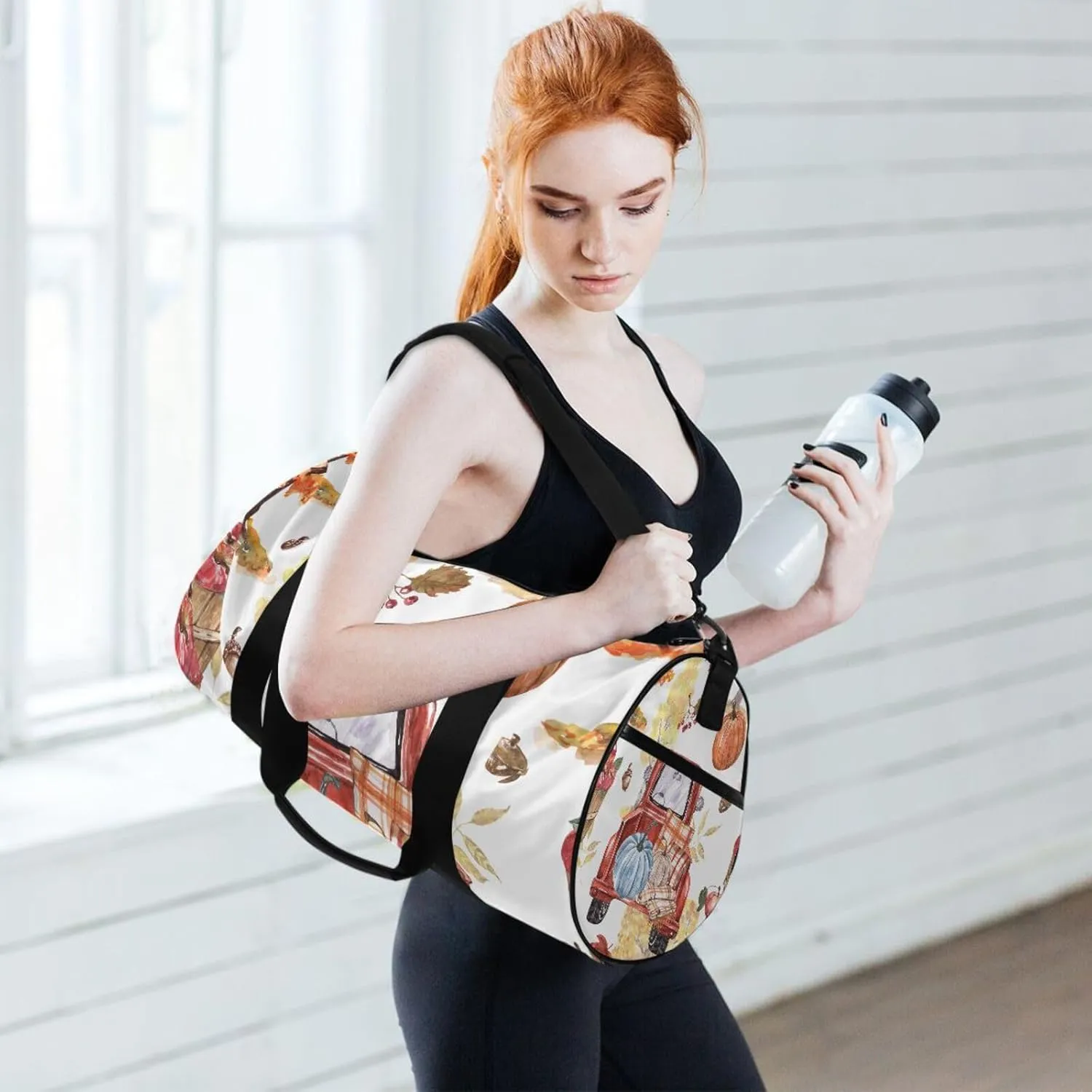 Autumn Fall trees Orange and Yellow Foliage, Truck with Pumpkins Portable Gym Bag, Travel Bag, Luggage bag, Sports Bag, Toiletry Bag with Handles, Detachable Shoulder Strap 17.6 x 9 x 9 inch