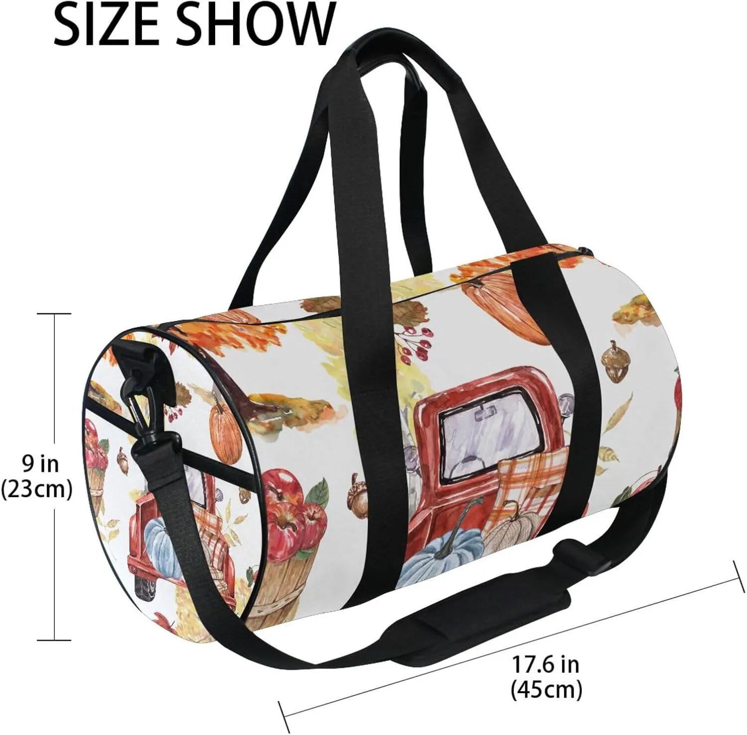 Autumn Fall trees Orange and Yellow Foliage, Truck with Pumpkins Portable Gym Bag, Travel Bag, Luggage bag, Sports Bag, Toiletry Bag with Handles, Detachable Shoulder Strap 17.6 x 9 x 9 inch