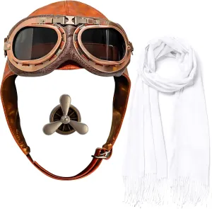 Aviator Hat Goggles Set, Aviator Costume Se Pilot Costume Accessories with White Scarf Brooch for Men Adults Women