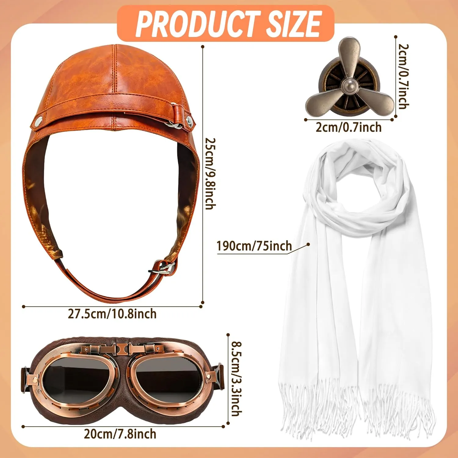 Aviator Hat Goggles Set, Aviator Costume Se Pilot Costume Accessories with White Scarf Brooch for Men Adults Women