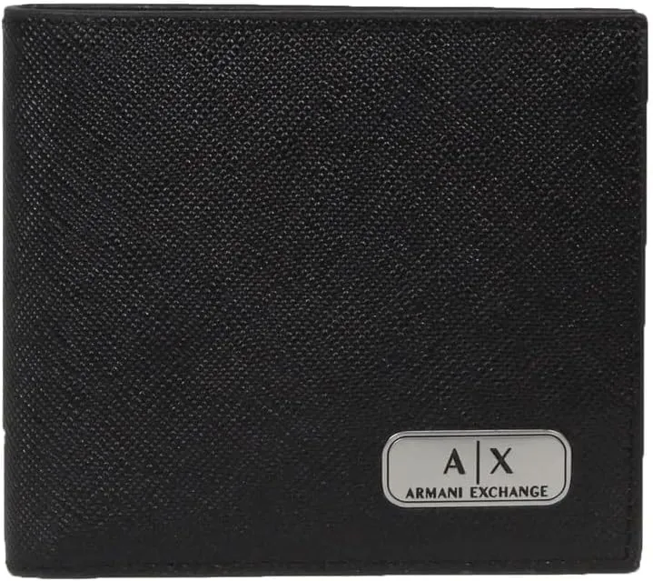 A|X ARMANI EXCHANGE mens Armani Exchange Plate Logo Saffiano Leather W/ Coin Pocket Bifold Wallet, Black, Small US
