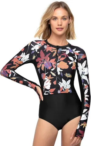 AXESEA Womens Rash Guard Long Sleeve One Piece Swimsuit UV UPF 50  Sun Protection Zipper Printed Patchwork Bathing Suit