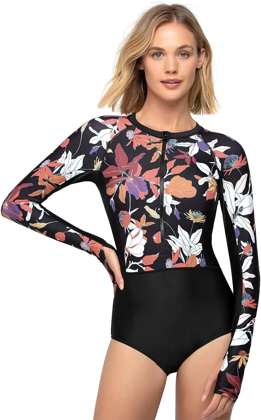 AXESEA Womens Rash Guard Long Sleeve One Piece Swimsuit UV UPF 50  Sun Protection Zipper Printed Patchwork Bathing Suit