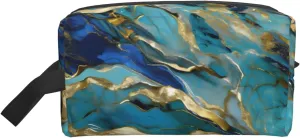 Azurite Teal and Foil Gold Oil Marble Pattern Print Large Capacity Cosmetic Organizer for Women and Men Portable Travel Makeup Pouch