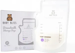 Baby Bliss Temp-Sensing Milk Storing Bags for Breastfeeding, Disposable Milk Storage Bag with 7 Ounce Self Standing, No-Leak Milk Freezer Storage Pouches, 100 pcs