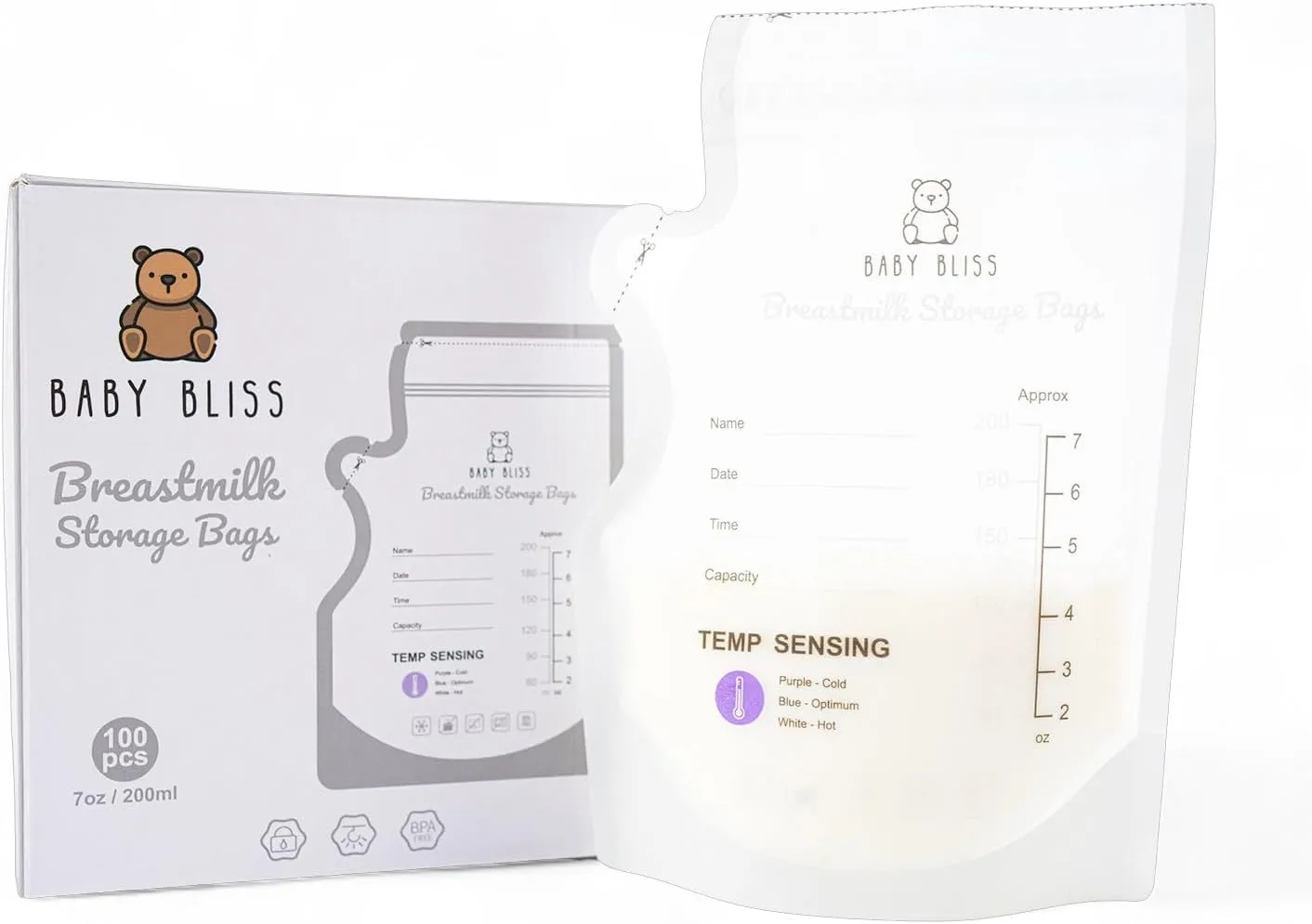 Baby Bliss Temp-Sensing Milk Storing Bags for Breastfeeding, Disposable Milk Storage Bag with 7 Ounce Self Standing, No-Leak Milk Freezer Storage Pouches, 100 pcs