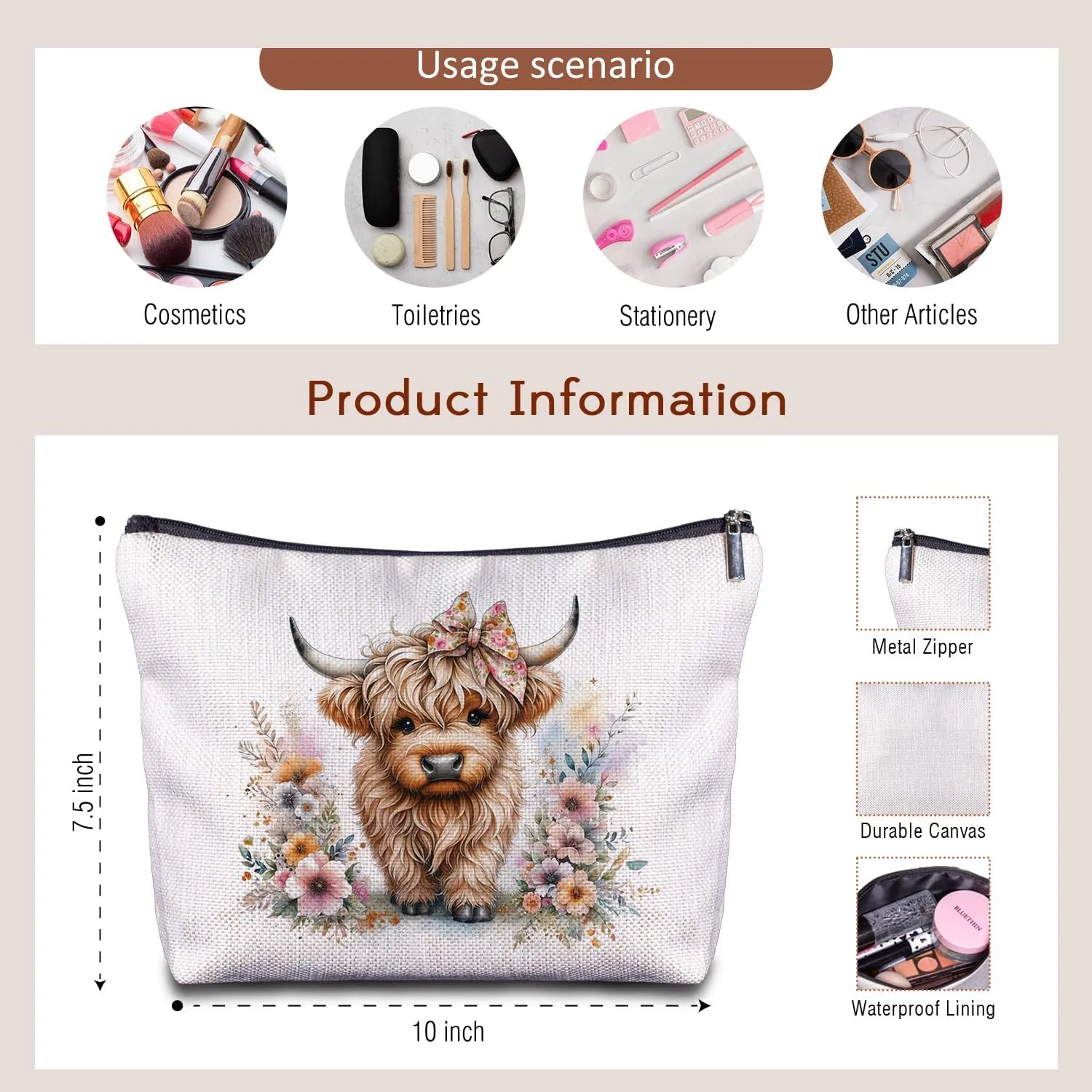 Baby Highland Long Haired Cow with Flowers Cosmetic Bag - Highland Cow Gifts for Women Cowgirls West Nature Lovers, Baby Highland Cow Makeup Bag for Purse