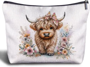 Baby Highland Long Haired Cow with Flowers Cosmetic Bag - Highland Cow Gifts for Women Cowgirls West Nature Lovers, Baby Highland Cow Makeup Bag for Purse