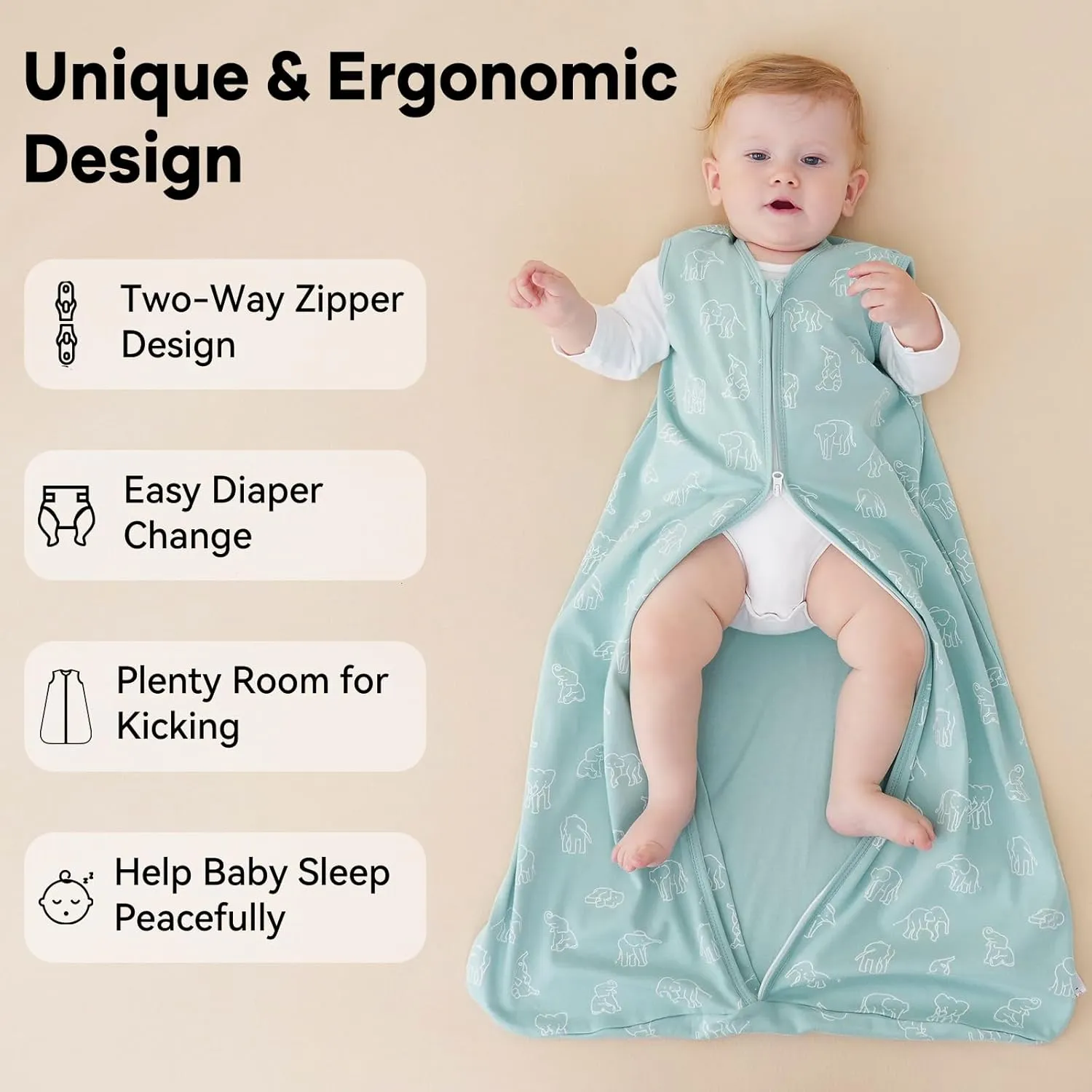 Baby Sleep Sack 18-24 Months 0.5 Tog Wearable Blanket Baby, 3 Pack 100% Cotton Lightweight Sleeping Sack with 2-Way Zipper for Infant Toddler Apricot Gray Green Elephant