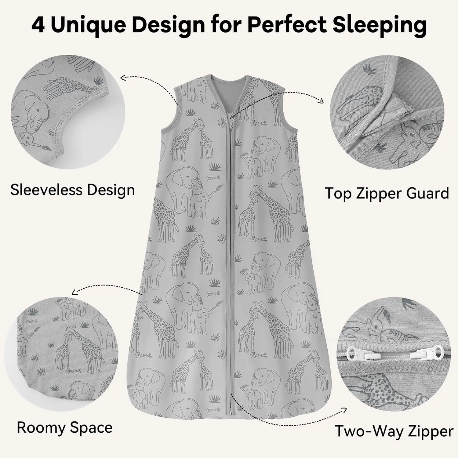 Baby Sleep Sack 18-24 Months 0.5 Tog Wearable Blanket Baby, 3 Pack 100% Cotton Lightweight Sleeping Sack with 2-Way Zipper for Infant Toddler Apricot Gray Green Elephant