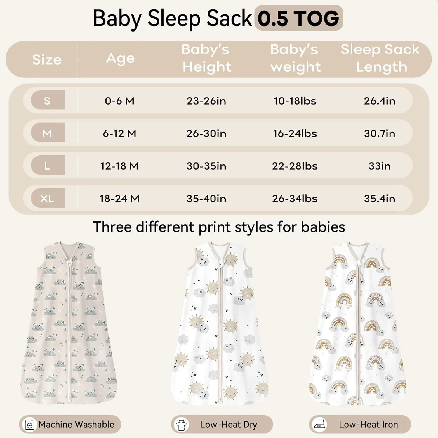 Baby Sleep Sack 6-12 Months 0.5 Tog Wearable Blanket Baby, 3 Pack 100% Cotton Lightweight Sleeping Sack with 2-Way Zipper for Newborn Infant Apricot White Sun Clouds