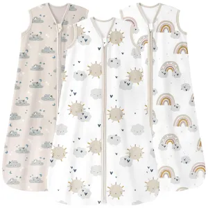 Baby Sleep Sack 6-12 Months 0.5 Tog Wearable Blanket Baby, 3 Pack 100% Cotton Lightweight Sleeping Sack with 2-Way Zipper for Newborn Infant Apricot White Sun Clouds