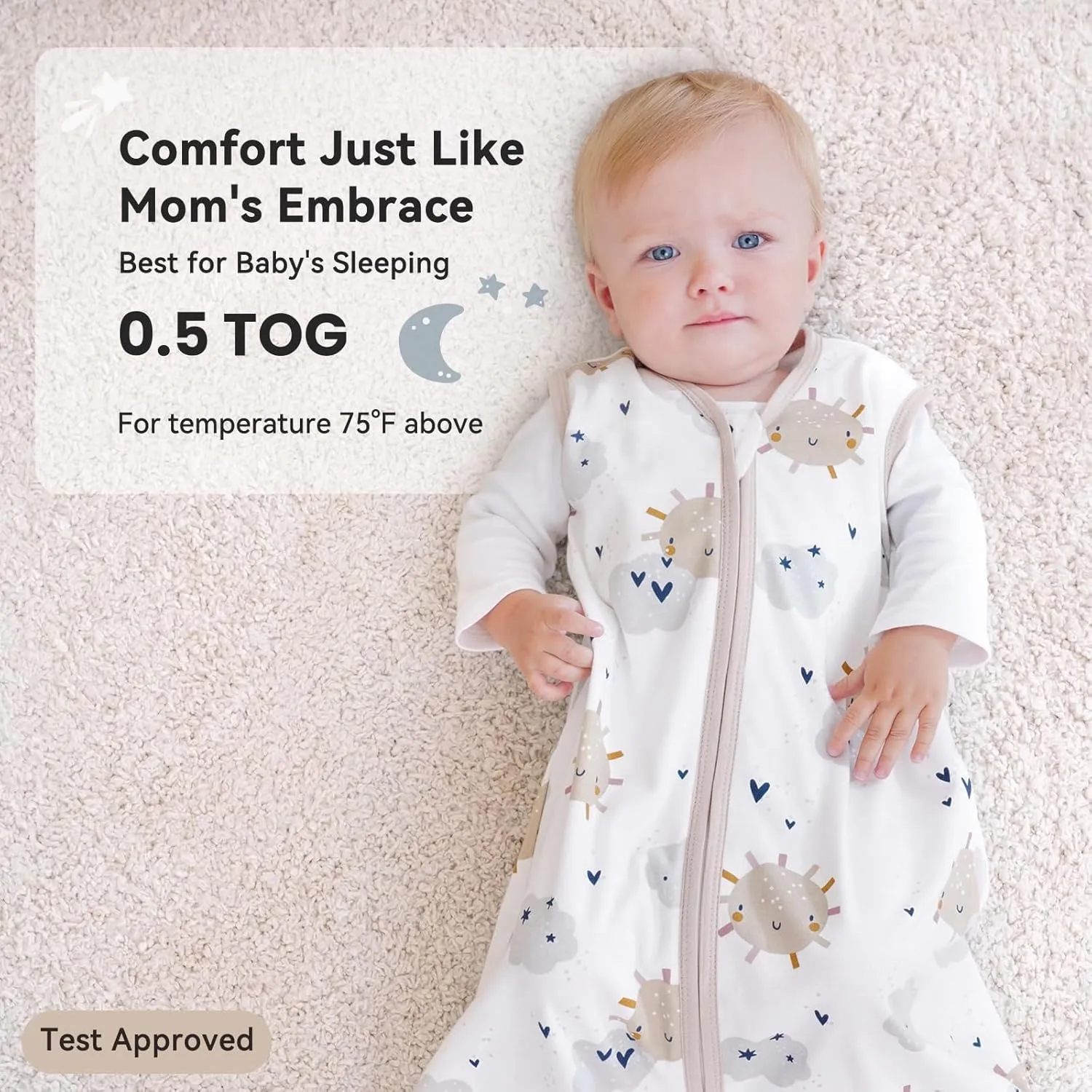 Baby Sleep Sack 6-12 Months 0.5 Tog Wearable Blanket Baby, 3 Pack 100% Cotton Lightweight Sleeping Sack with 2-Way Zipper for Newborn Infant Apricot White Sun Clouds