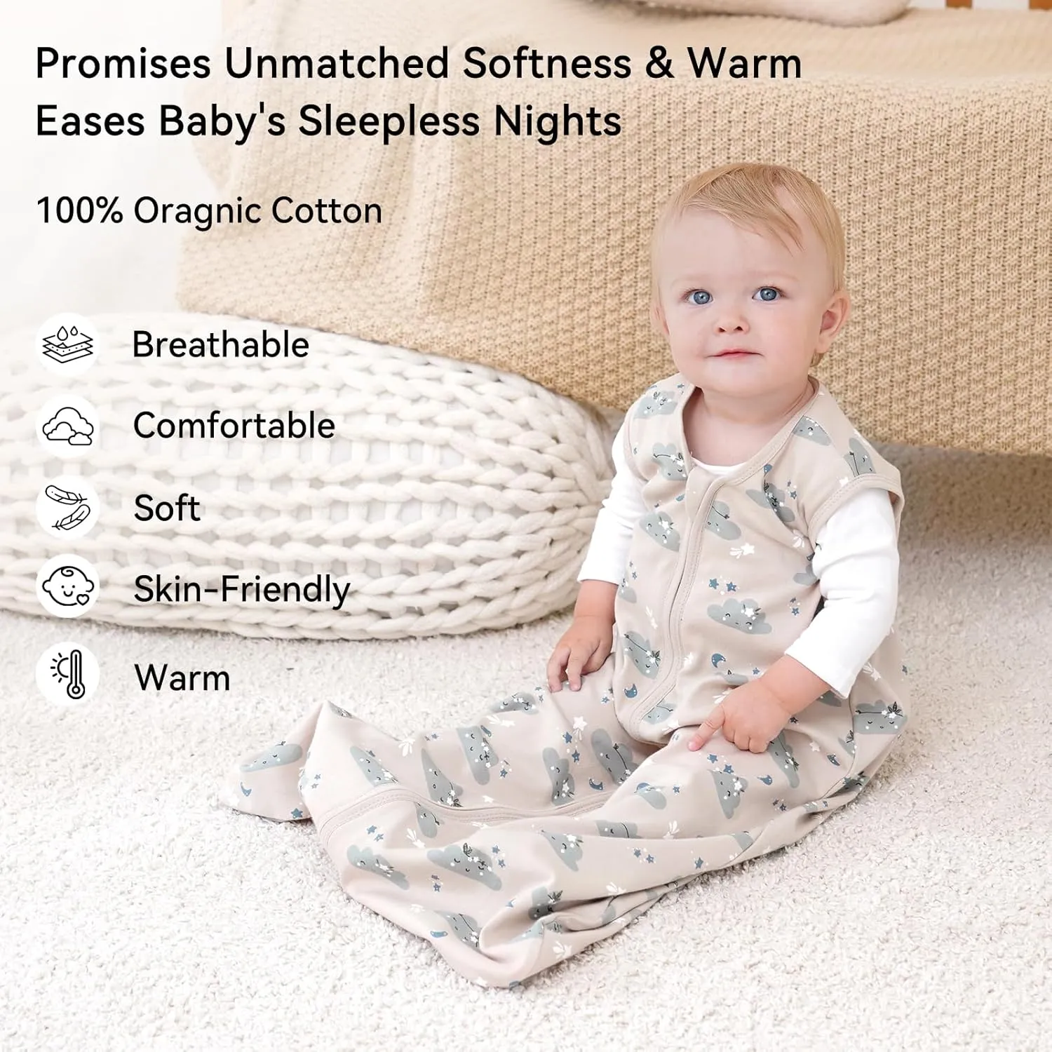 Baby Sleep Sack 6-12 Months 0.5 Tog Wearable Blanket Baby, 3 Pack 100% Cotton Lightweight Sleeping Sack with 2-Way Zipper for Newborn Infant Apricot White Sun Clouds