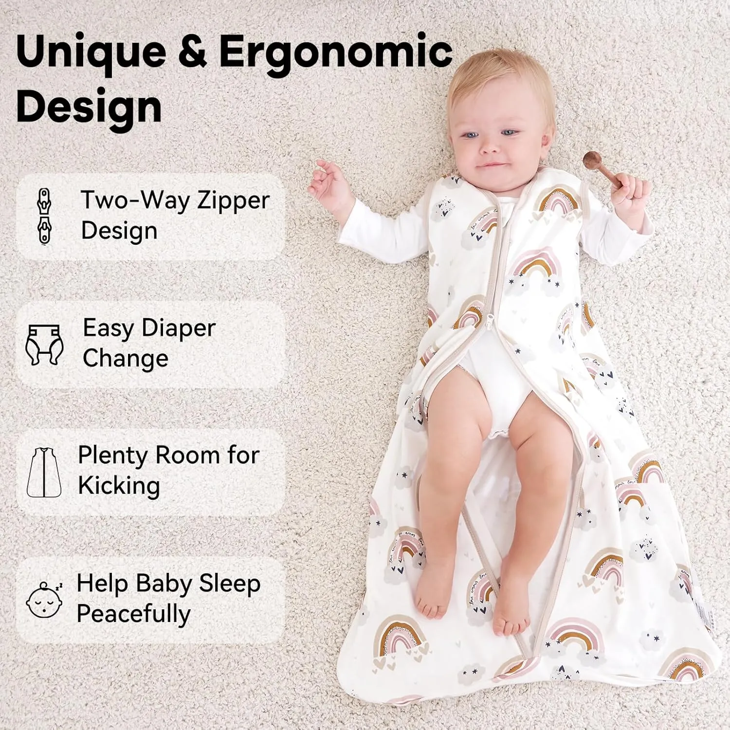 Baby Sleep Sack 6-12 Months 0.5 Tog Wearable Blanket Baby, 3 Pack 100% Cotton Lightweight Sleeping Sack with 2-Way Zipper for Newborn Infant Apricot White Sun Clouds