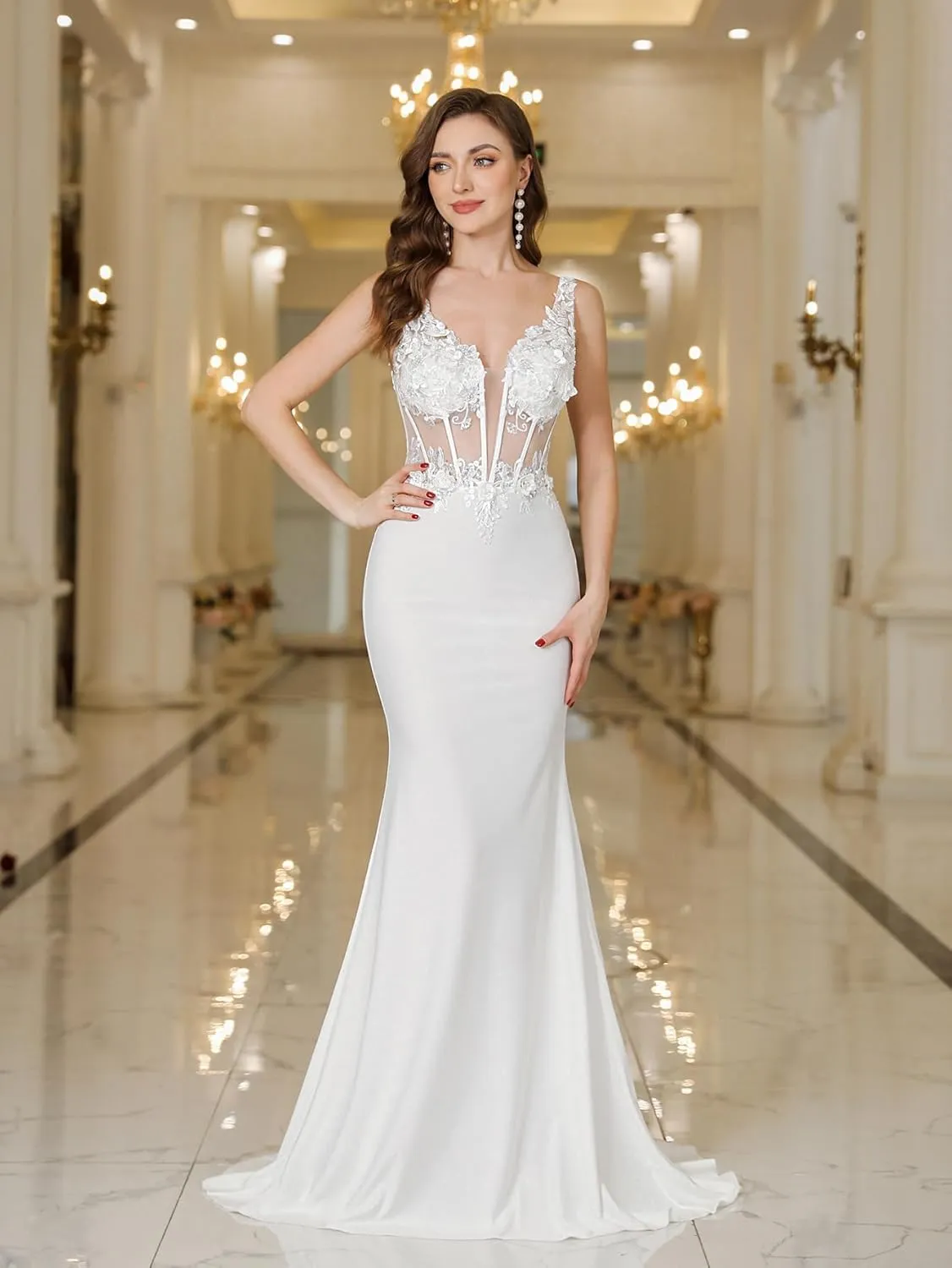 Babyonline Women's Wedding Dress Lace Double V-Neck Sleeveless Evening Dress with Train
