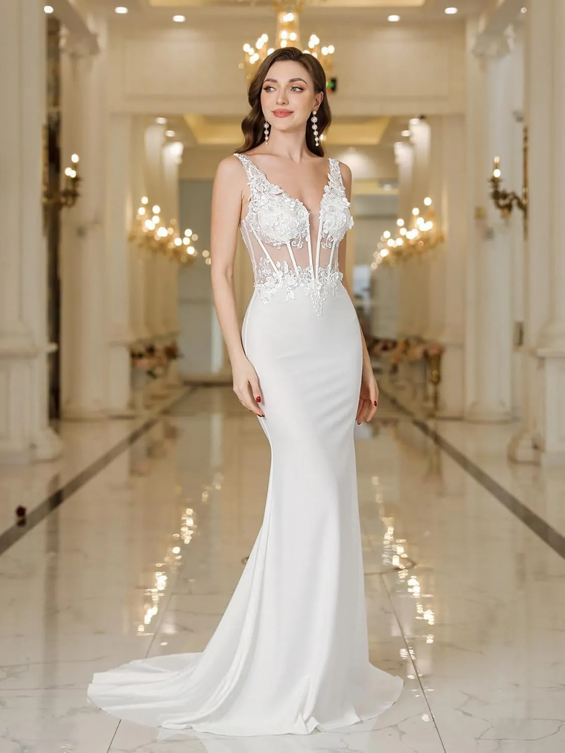 Babyonline Women's Wedding Dress Lace Double V-Neck Sleeveless Evening Dress with Train