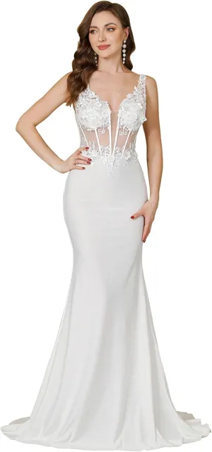 Babyonline Women's Wedding Dress Lace Double V-Neck Sleeveless Evening Dress with Train