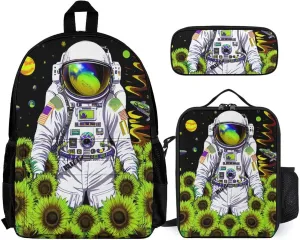 Backpack 3 Pcs Set With Lunch Box Pencil Case Lightweight In 1 Bookbags for Men and Women (Psychedelic Space Astronaut Sunflower Snake Art), One Size