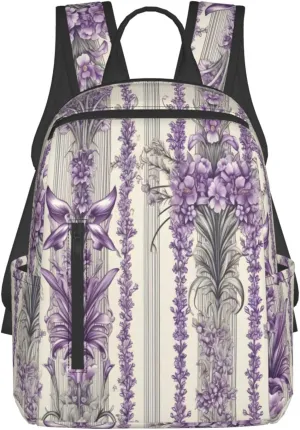 Backpack For Women Men Vintage Lavender Flowers Stripe Bookbag Lightweight Travel Casual Daypack Water Resistant Outdoor Hiking Sport Rucksack