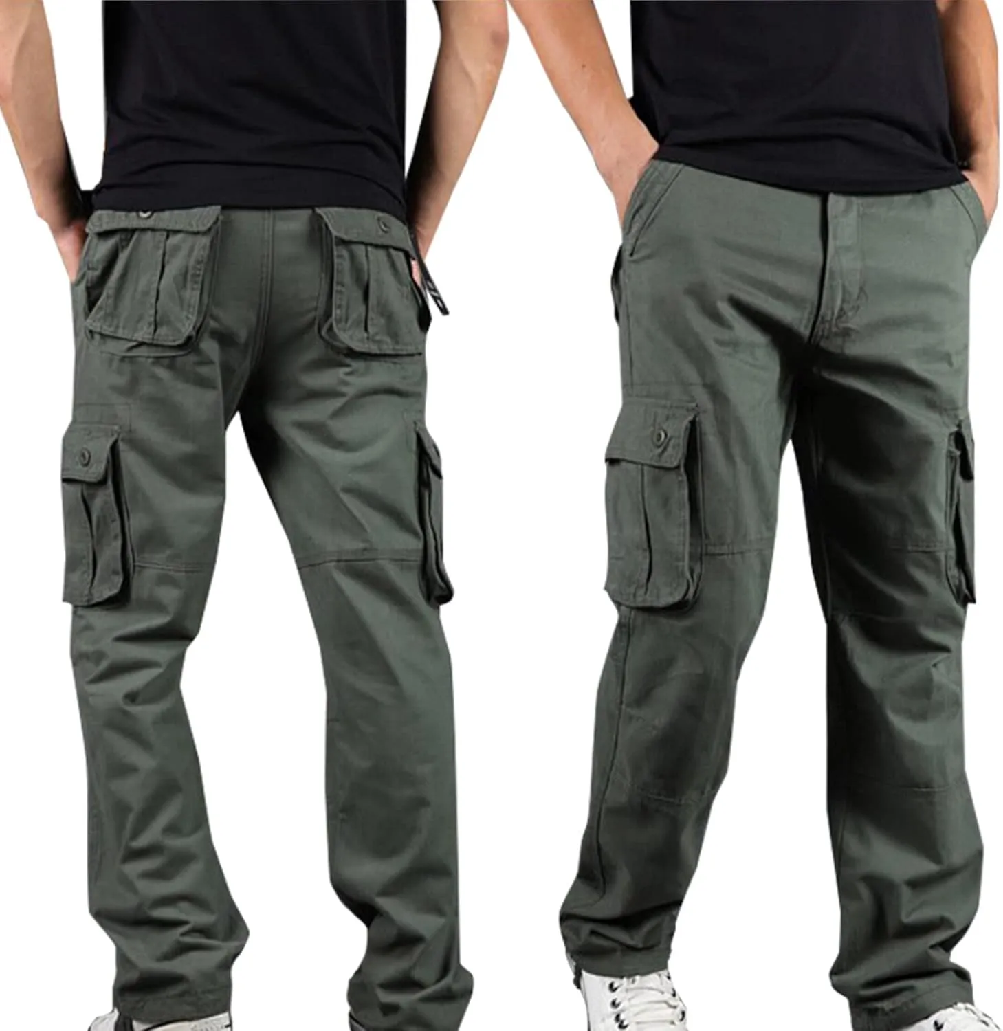 Baggy Pants for Men 2023 Casual Multi Pockets Solid Cargo Pant Athletic-Fit Buckle Zipper Sweatpants Trousers