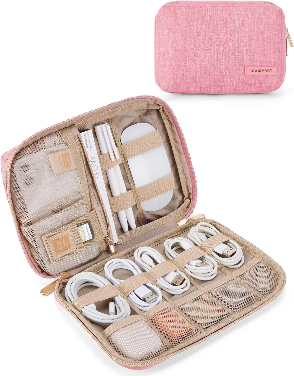 BAGSMART Electronics and Cable Organizer Travel Case for Phone, SD Card, Accessories Pink, Compact Tech Storage Bag