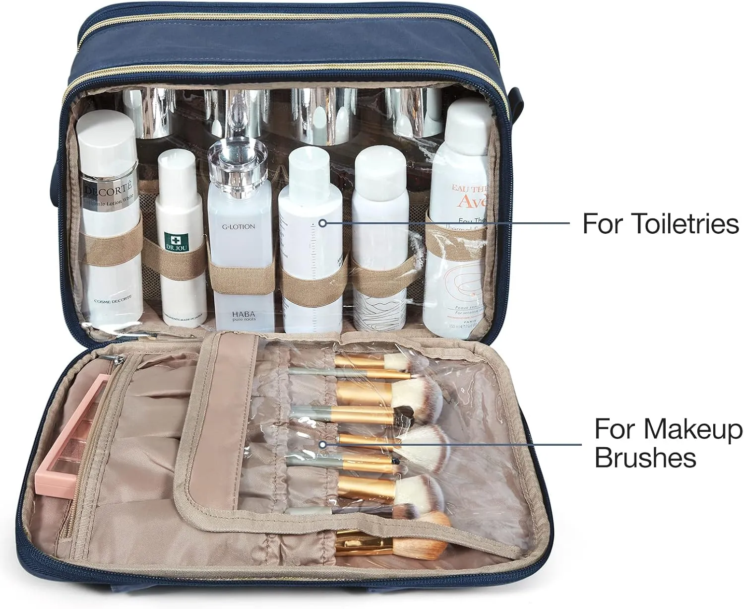BAGSMART Large Toiletry Bag, Travel Makeup Organizer Water-resistant Makeup Cosmetic Bag Travel Bag for Accessories, Shampoo, Full Sized Container, Toiletries (Navy Blue, Large)