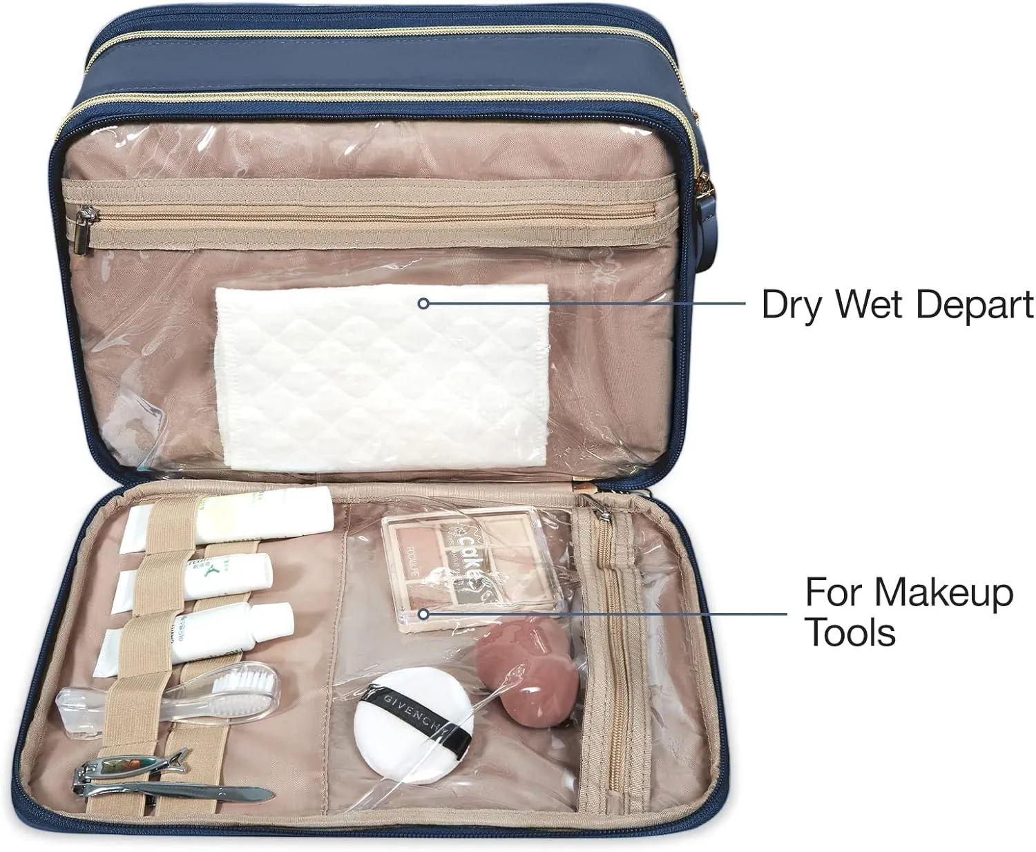 BAGSMART Large Toiletry Bag, Travel Makeup Organizer Water-resistant Makeup Cosmetic Bag Travel Bag for Accessories, Shampoo, Full Sized Container, Toiletries (Navy Blue, Large)