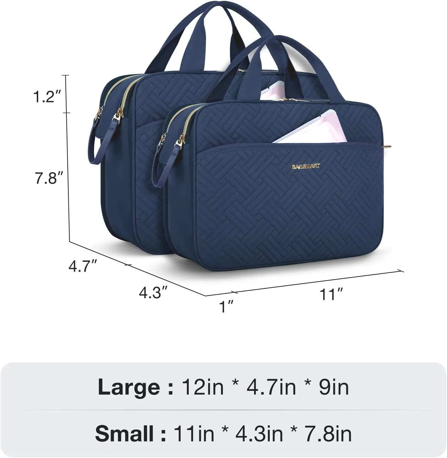 BAGSMART Large Toiletry Bag, Travel Makeup Organizer Water-resistant Makeup Cosmetic Bag Travel Bag for Accessories, Shampoo, Full Sized Container, Toiletries (Navy Blue, Large)