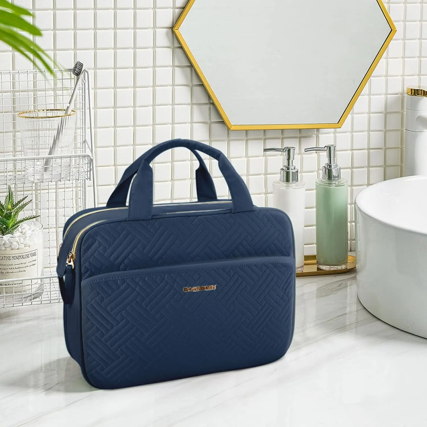 BAGSMART Large Toiletry Bag, Travel Makeup Organizer Water-resistant Makeup Cosmetic Bag Travel Bag for Accessories, Shampoo, Full Sized Container, Toiletries (Navy Blue, Large)