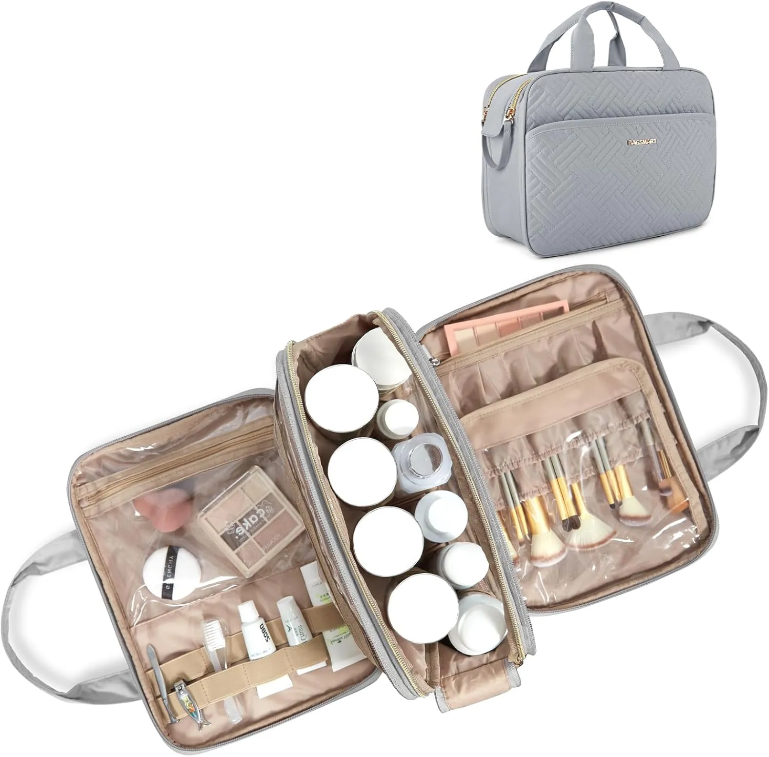 BAGSMART Toiletry Bag for Women, Large Toiletry Bag Water-resistant Makeup Cosmetic Organizer Bag for Accessories, Shampoo, Full Sized Container, Toiletries, (Large,Grey)