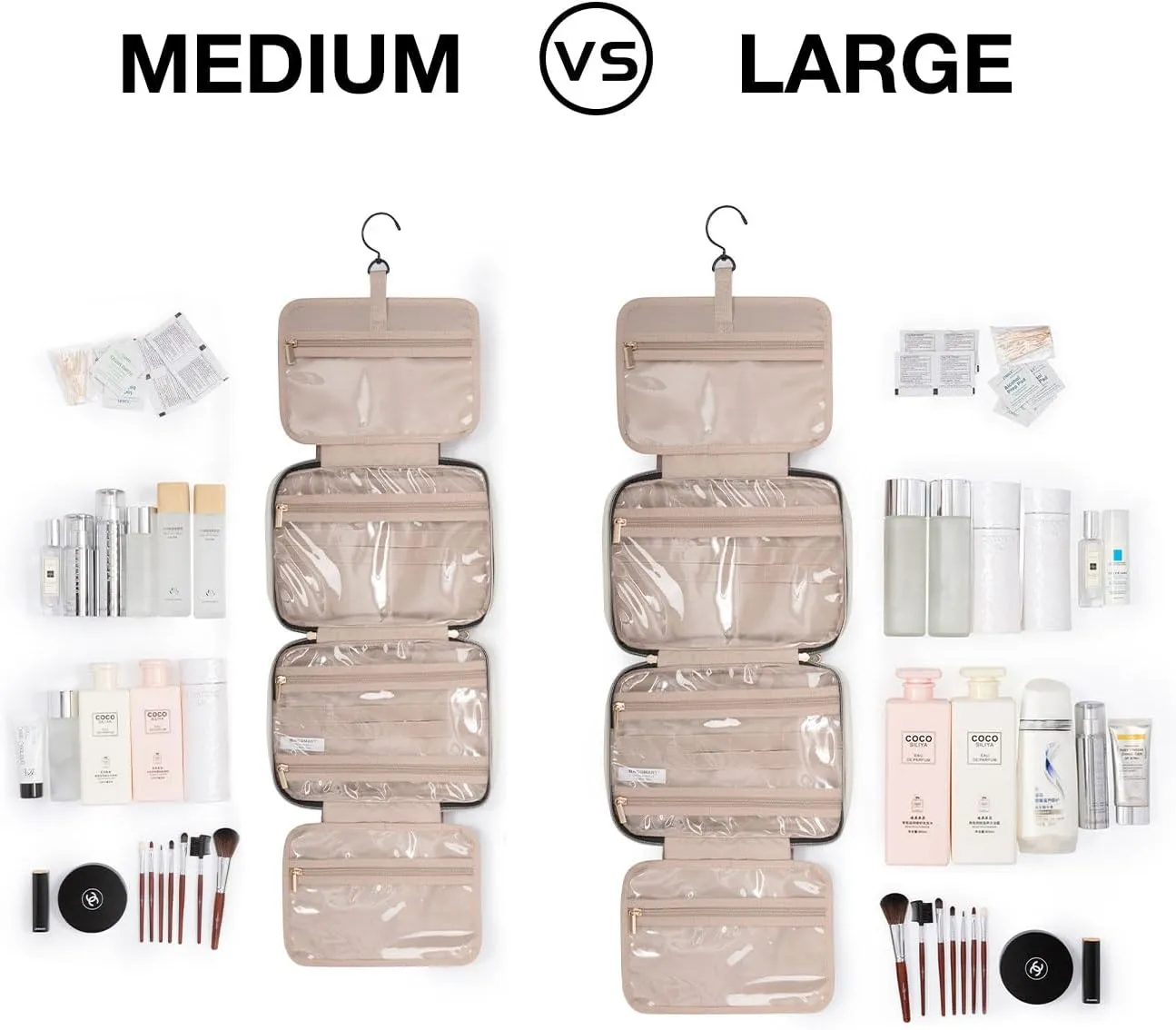 BAGSMART Toiletry Bag Travel Bag with Hanging Hook, Water-resistant Makeup Cosmetic Bag Travel Organizer for Accessories, Shampoo, Full-size Container, Toiletries (Camel, Large)