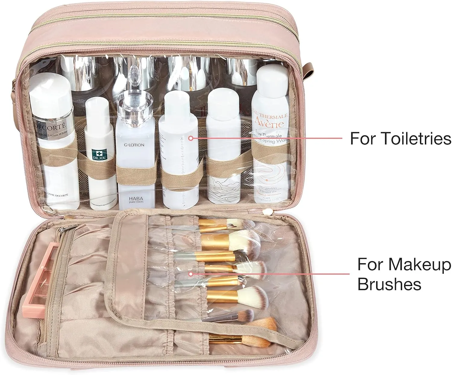 BAGSMART Travel Makeup Bag - Water-resistant Cosmetic Organizer for Full Sized Toiletries, Shampoo, and Accessories (Pink, Large)