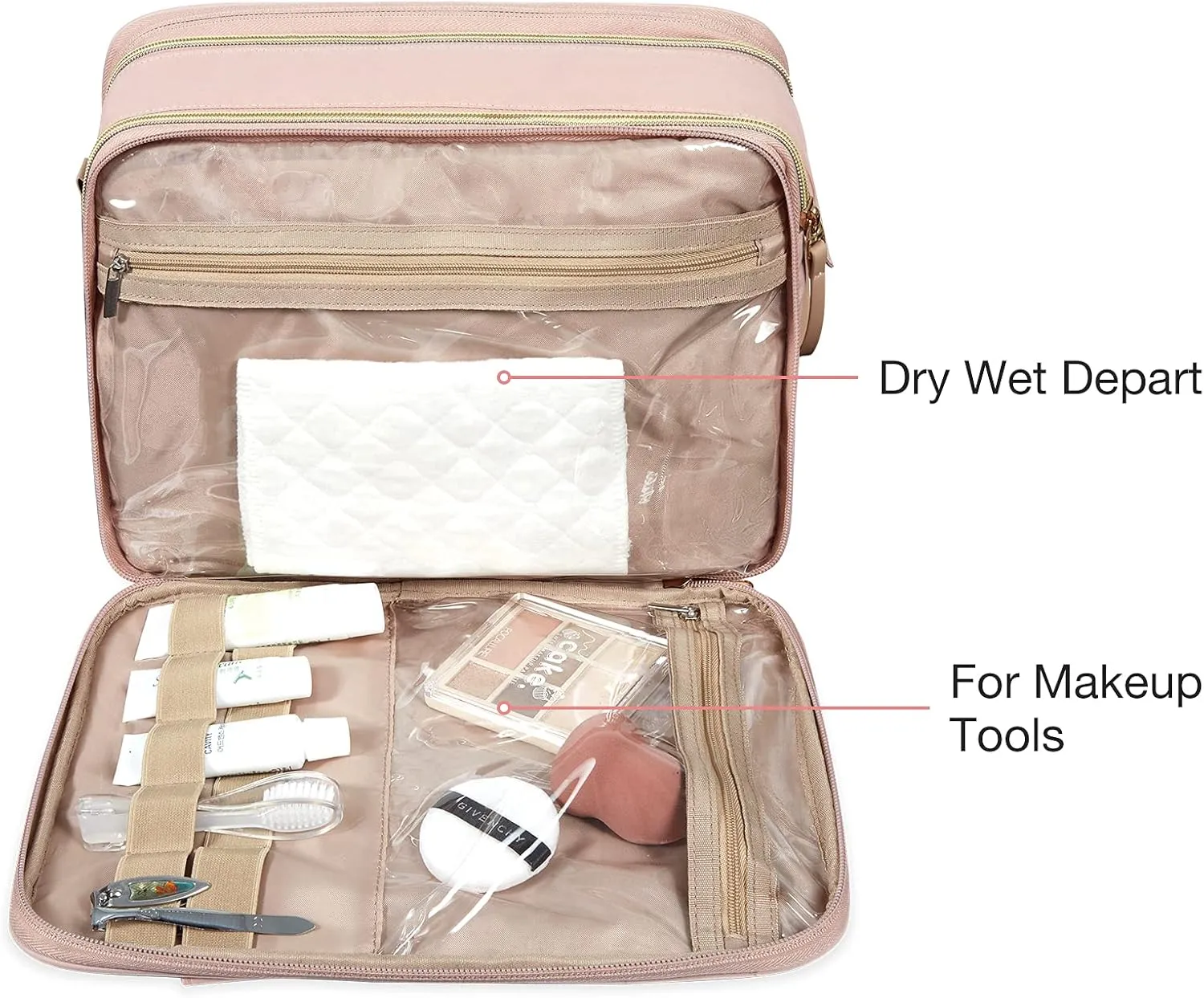 BAGSMART Travel Makeup Bag - Water-resistant Cosmetic Organizer for Full Sized Toiletries, Shampoo, and Accessories (Pink, Large)