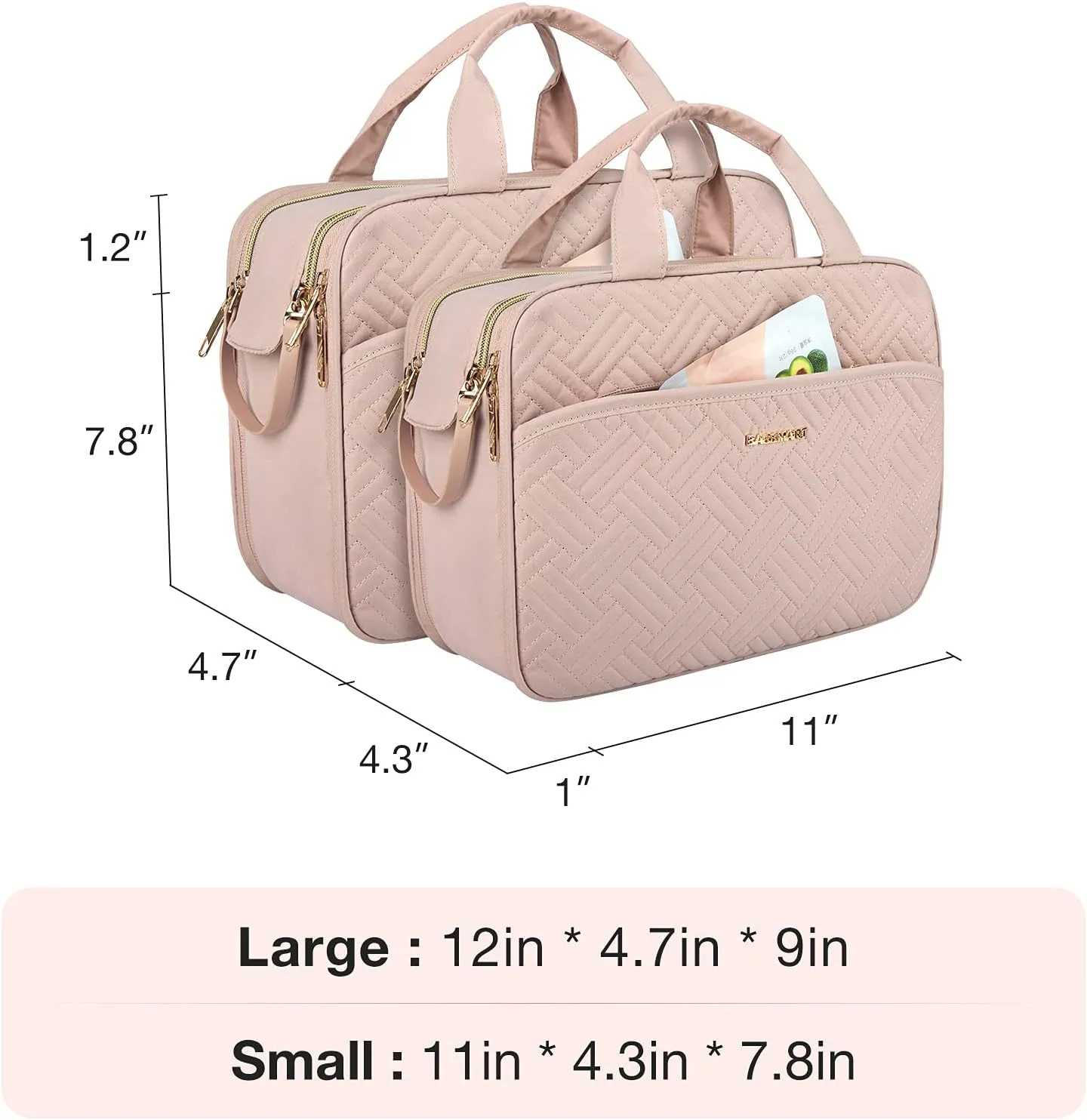BAGSMART Travel Makeup Bag - Water-resistant Cosmetic Organizer for Full Sized Toiletries, Shampoo, and Accessories (Pink, Large)