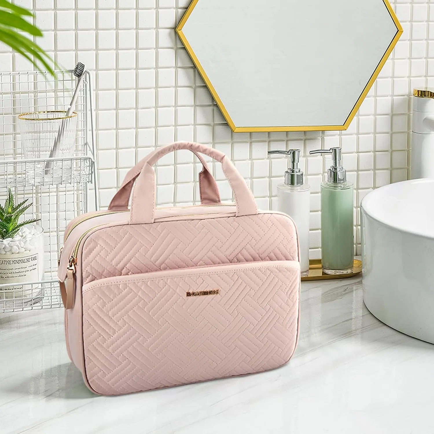 BAGSMART Travel Makeup Bag - Water-resistant Cosmetic Organizer for Full Sized Toiletries, Shampoo, and Accessories (Pink, Large)