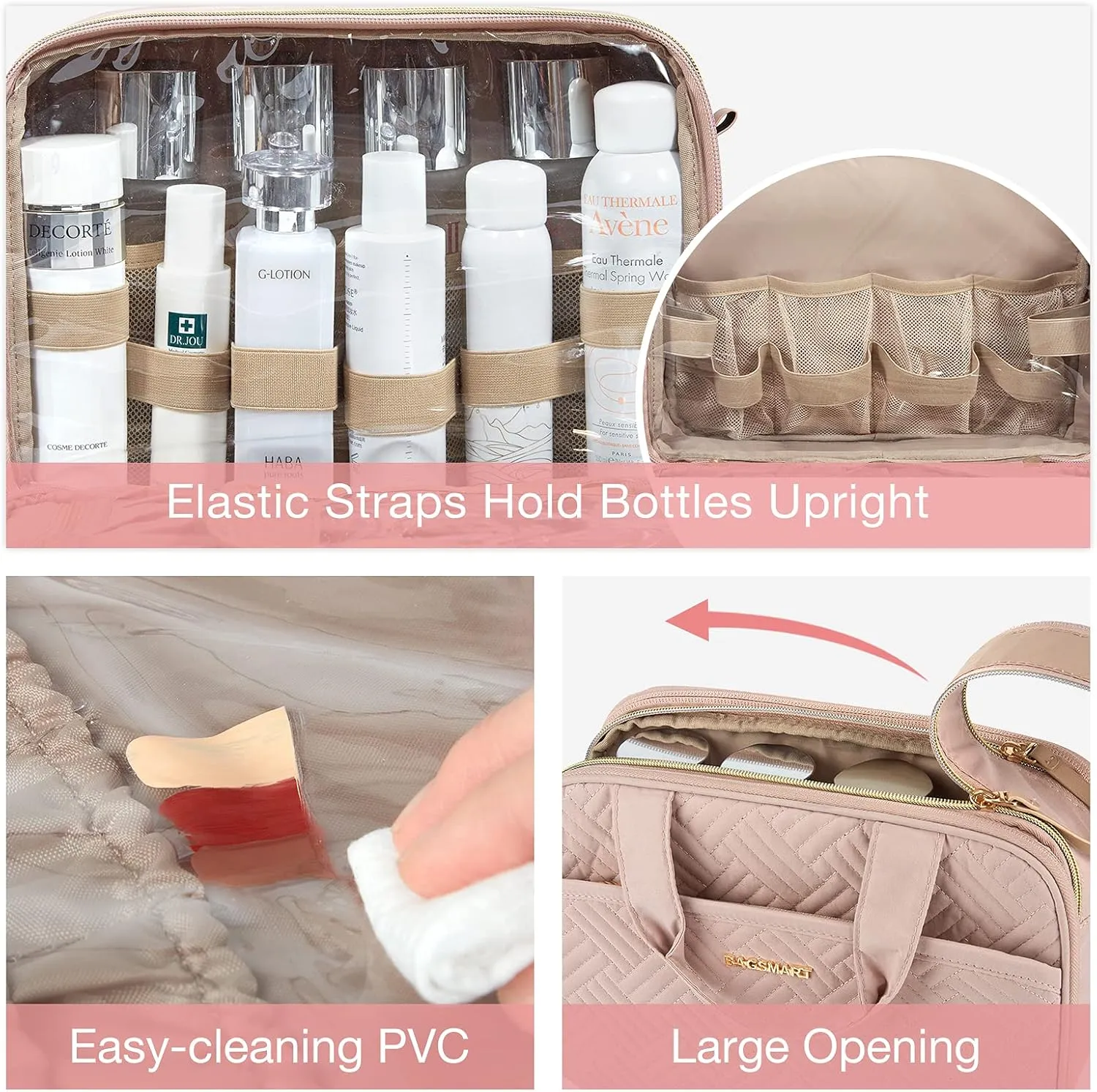 BAGSMART Travel Makeup Bag - Water-resistant Cosmetic Organizer for Full Sized Toiletries, Shampoo, and Accessories (Pink, Large)