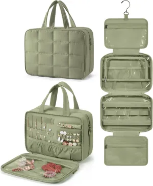 BAGSMART Travel Toiletry Bag with Jewelry Organizer, Hanging Travel Bag for Toiletries, Puffy Makeup Cosmetic Bag Organizer, Carry-on Travel Accessories Essentials, Green-L