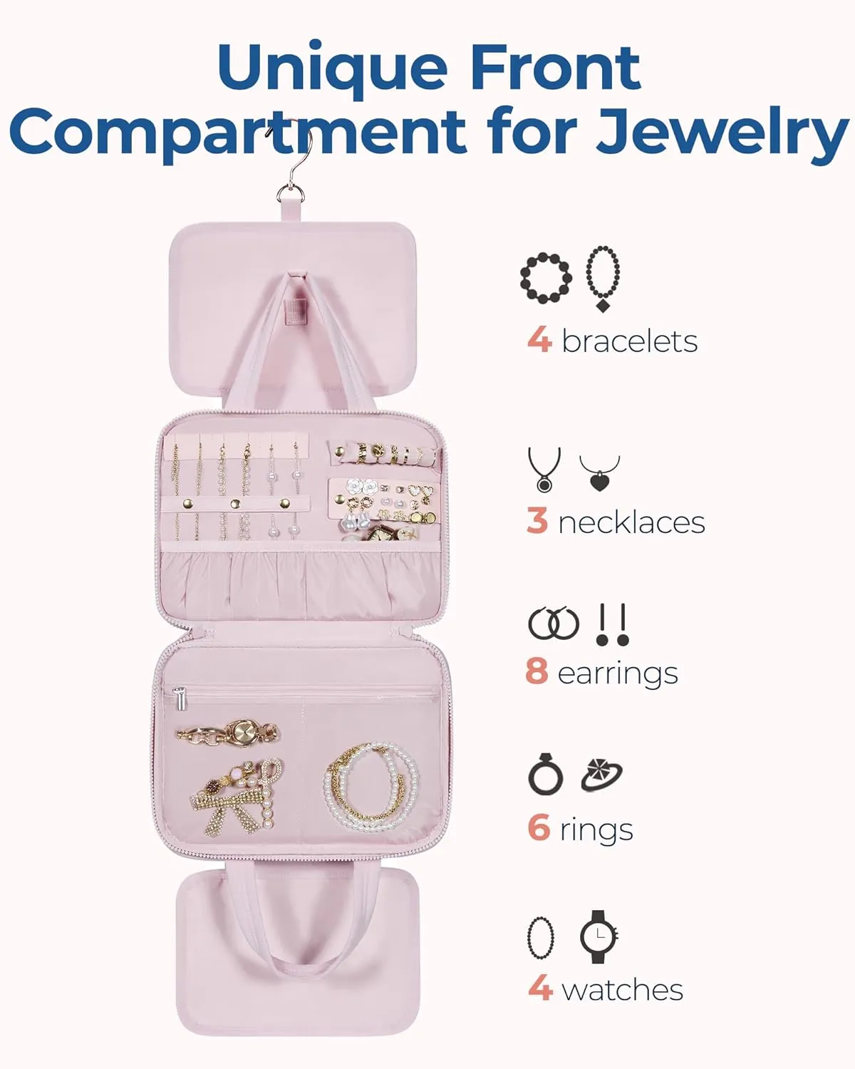 BAGSMART Travel Toiletry Bag with Jewelry Organizer, Hanging Travel Bag for Toiletries, Puffy Makeup Cosmetic Bag Organizer, Carry-on Travel Accessories Essentials, Pink-M