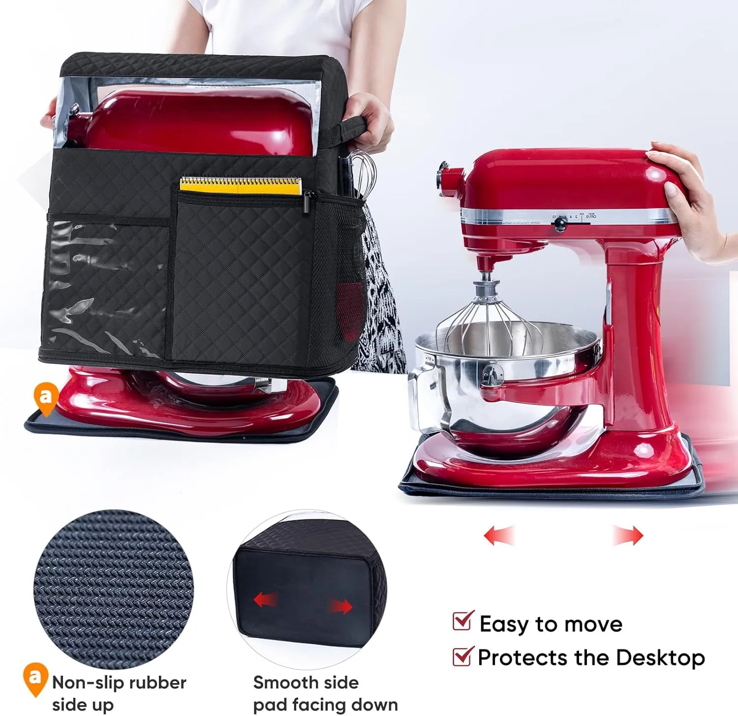 BAGSPRITE Stand Mixer Cover with Detachable Appliance Sliders Base Compatible with KitchenAid Mixer-Storage Bag for 4.5/5 Quart with Pockets for Kitchen Aid Accessories and Attachments